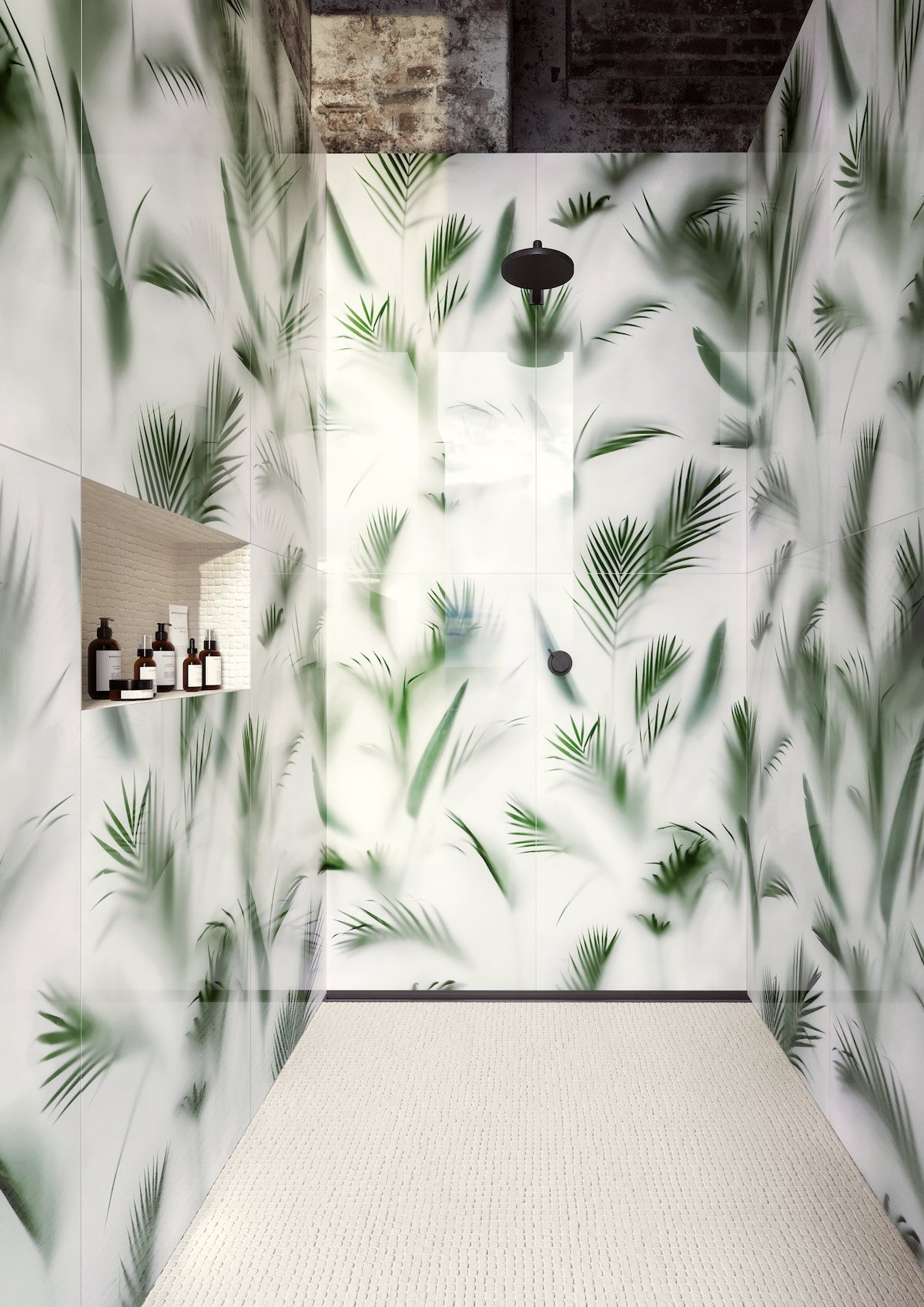 douche urban jungle carrelage trompe oeil feuille palmier