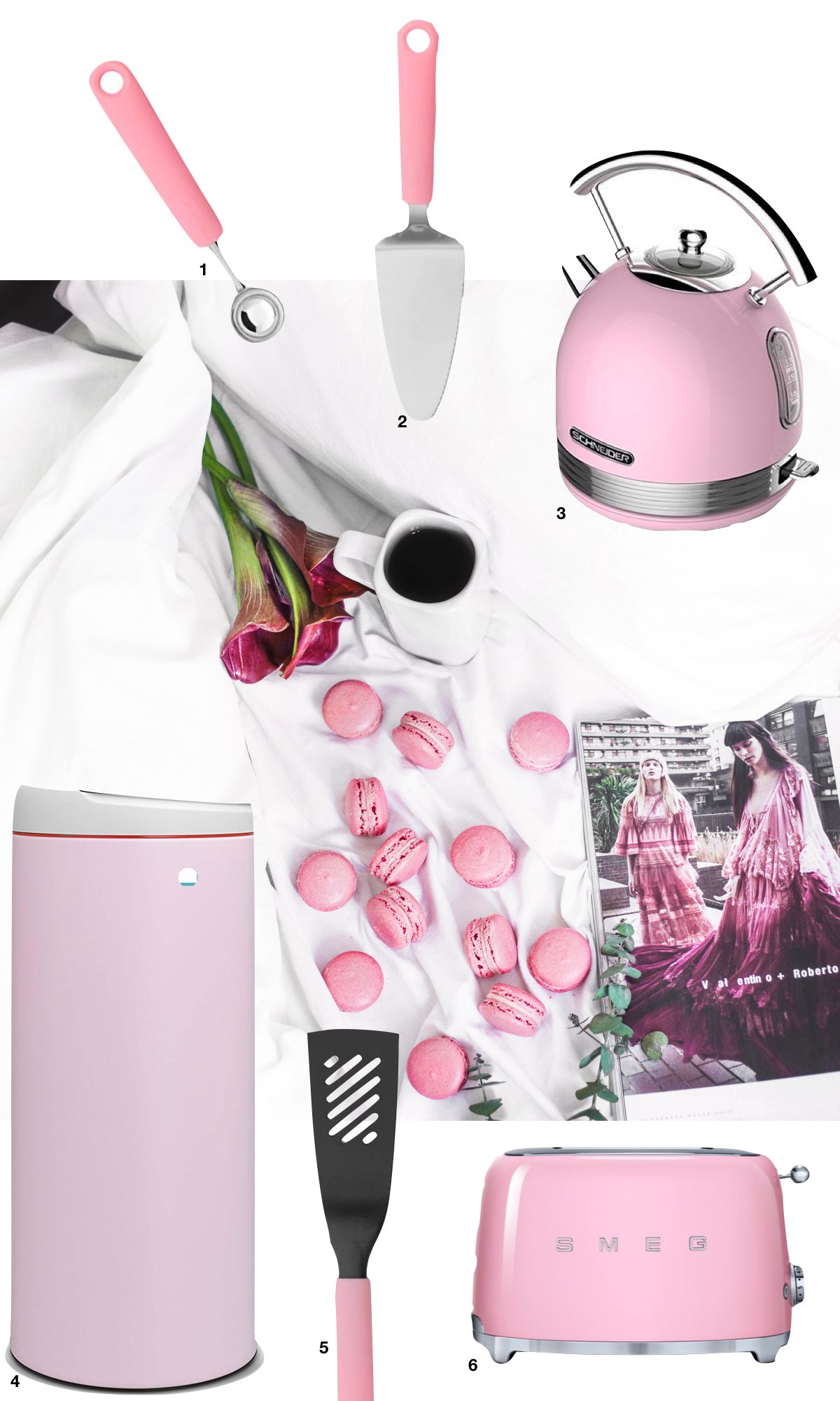 cuisine multicolore ustensile bouilloire rose poubelle - blog déco - clem around the corner