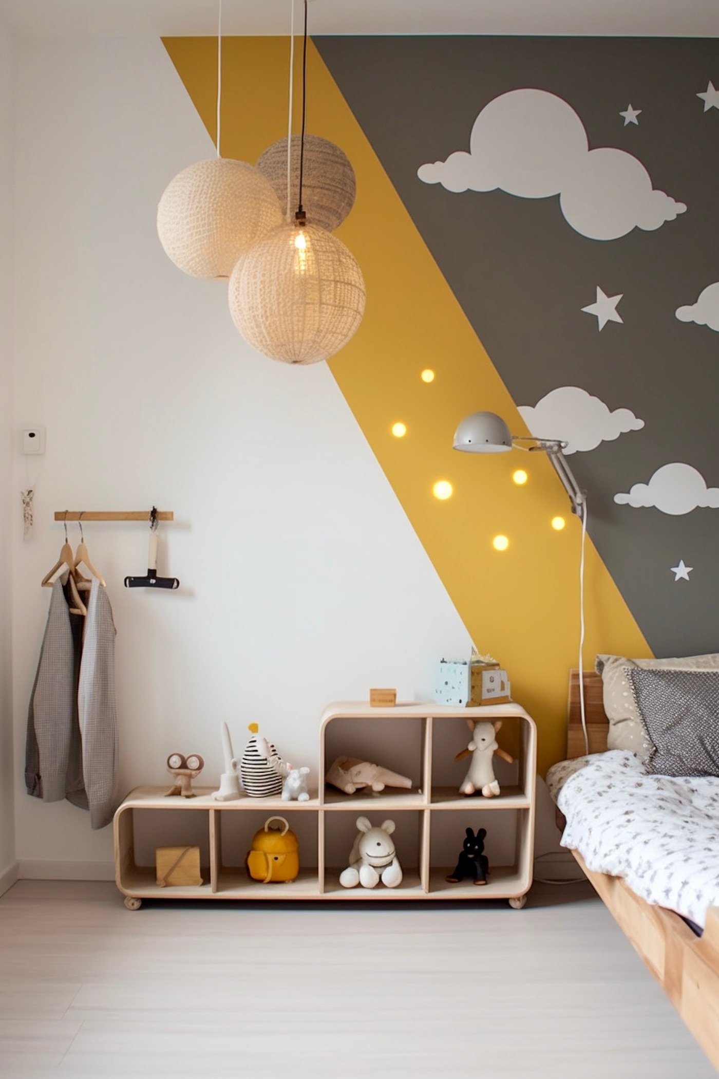 chambre enfant bébé blanche grise jaune moutarde déco