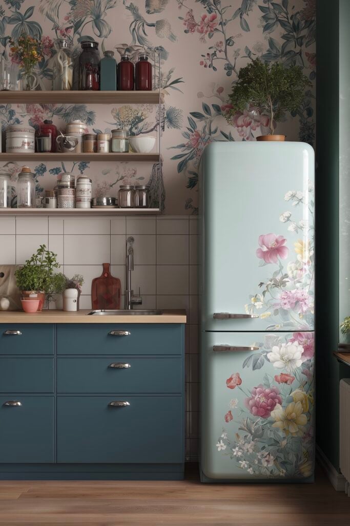 cuisine rétro carrelage floral bleu rose