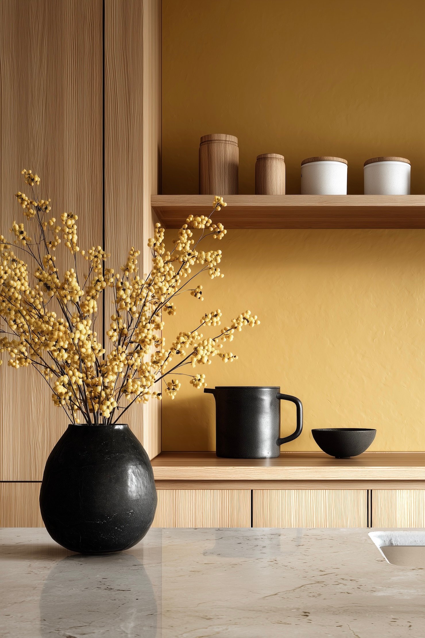 décoration japandi cuisine jaune moutarde