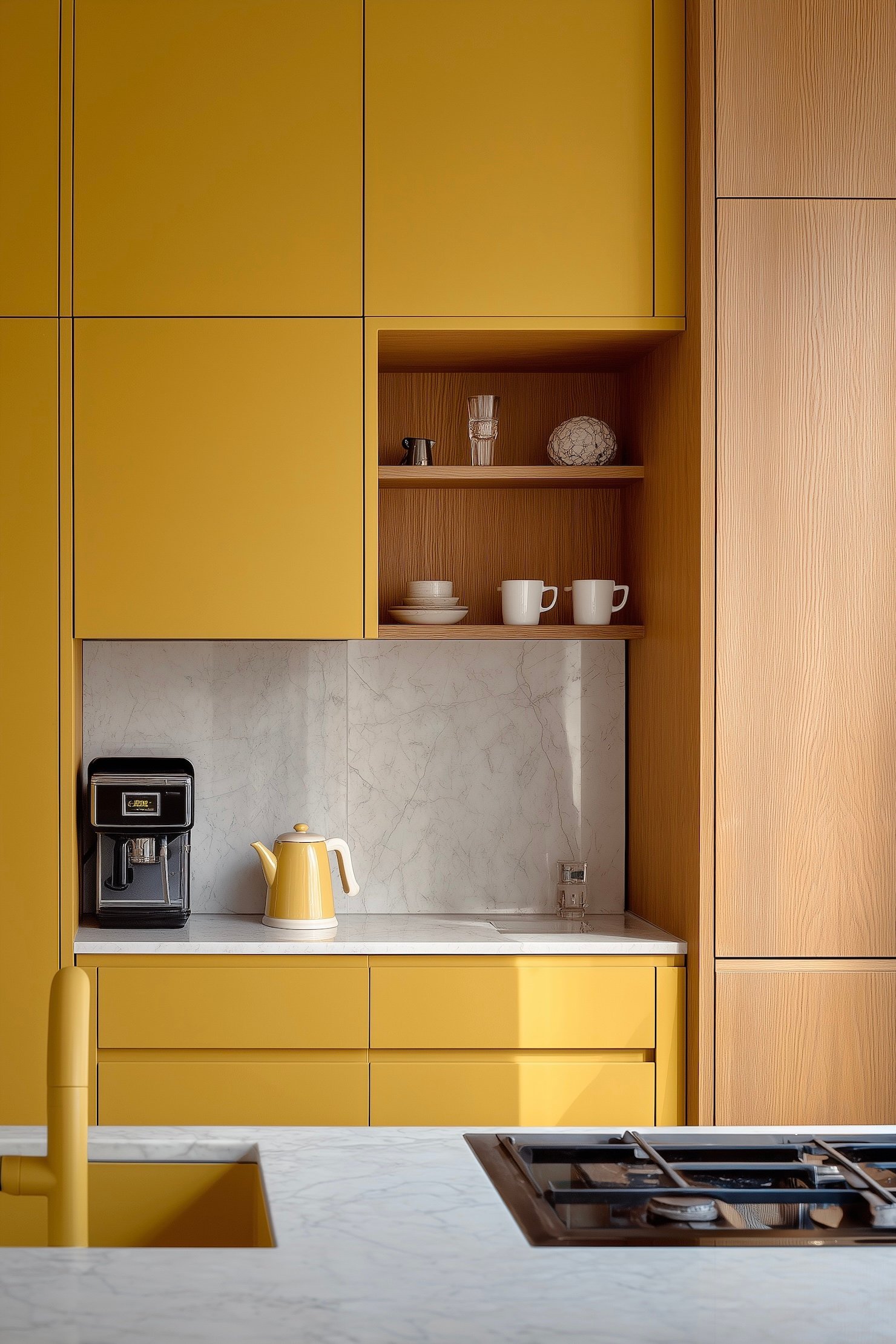 idée déco cuisine jaune bois marbre cubes