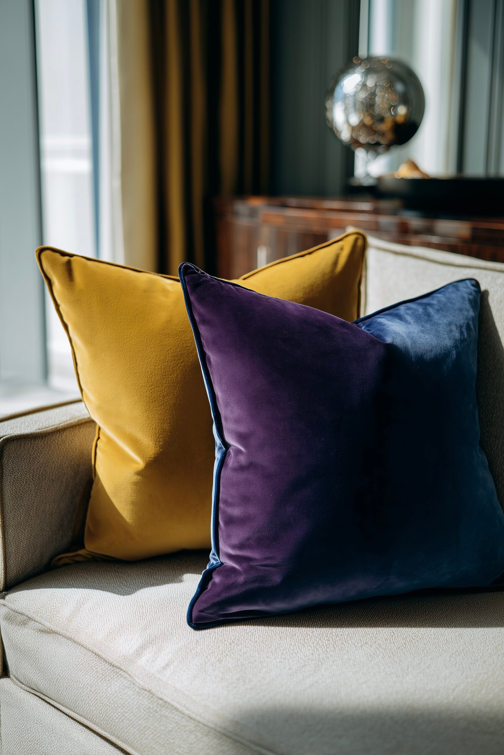 mélange couleurs décoration intérieure jaune moutarde-violet-prune