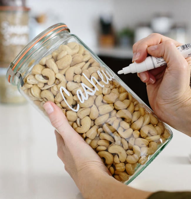 bocaux verre hermétique aliment sec fruit céréale personnaliser feutre blanc