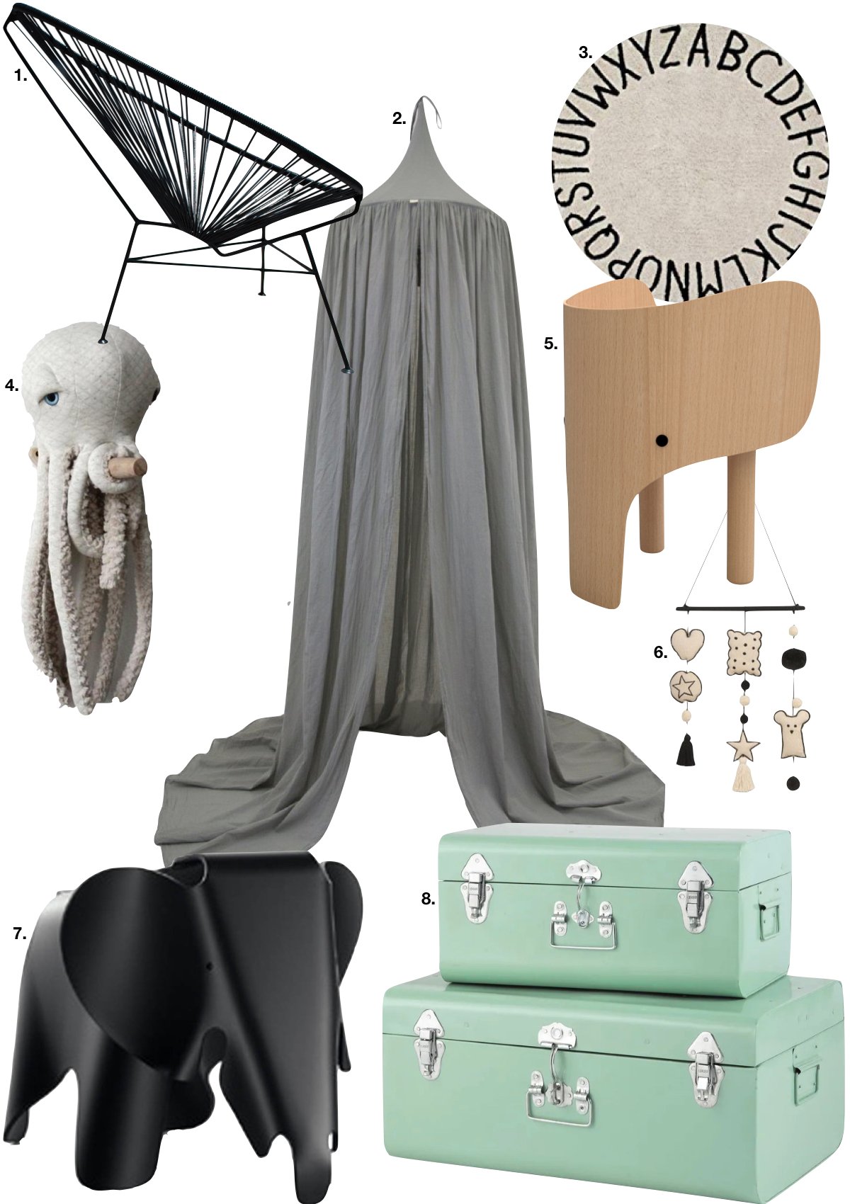 couleur pastel chambre enfant éléphant bois valise vert menthe pieuvre peluche - blog déco scandinave bucolique