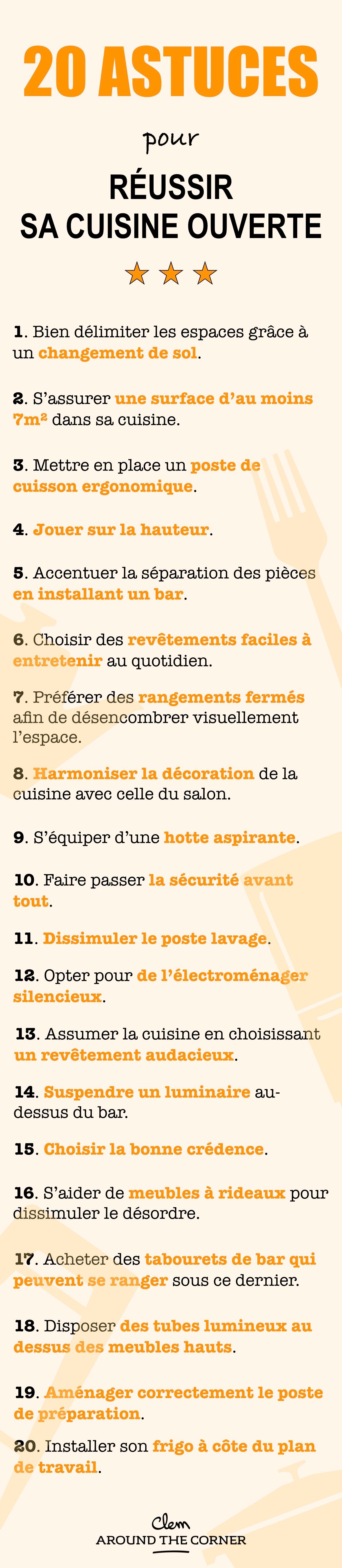 cuisine ouverte sur salon infographie récap 20 astuces - blog déco - clem around the corner