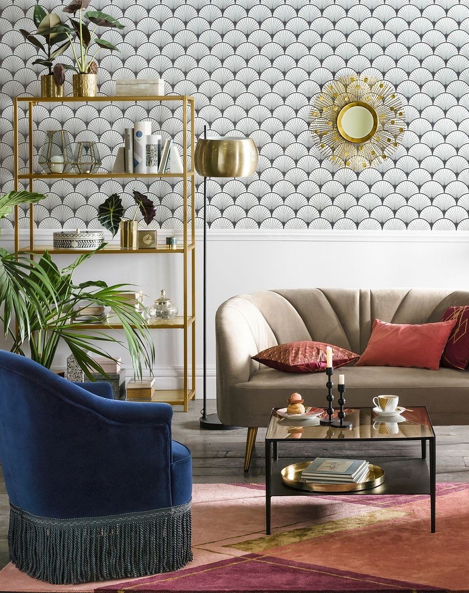 mur soubassement papier peint éventail déco dorée