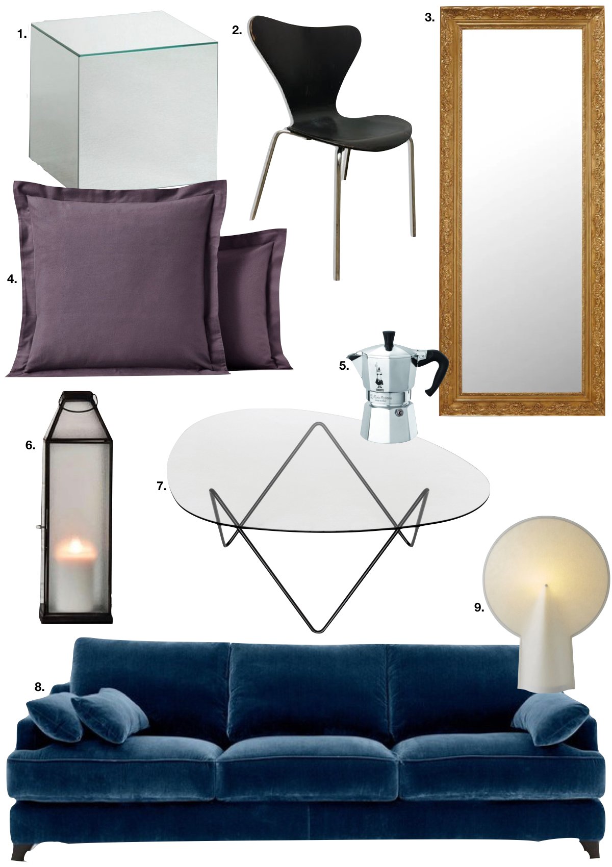 idée déco studio canapé velours table basse verre lanterne lampe miroir cafetière coussin violet - blog déco - clem around the corner