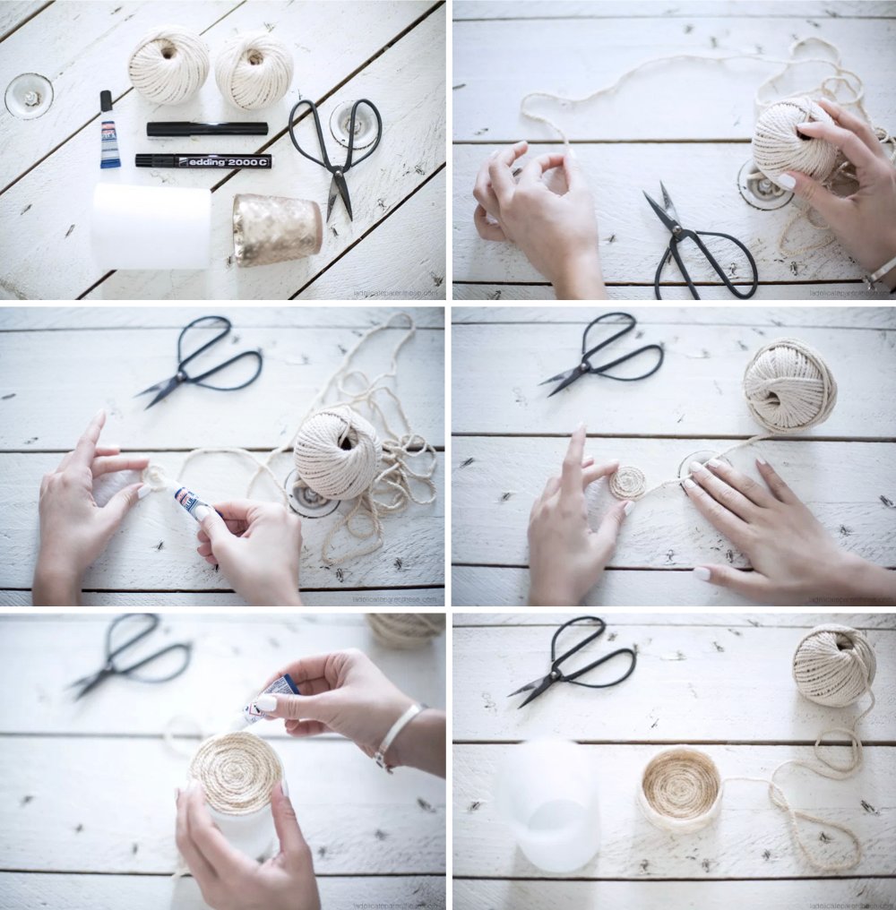 cache pot corde naturelle tie and dye marron blanc tuto facile - blog déco - clem around the corner