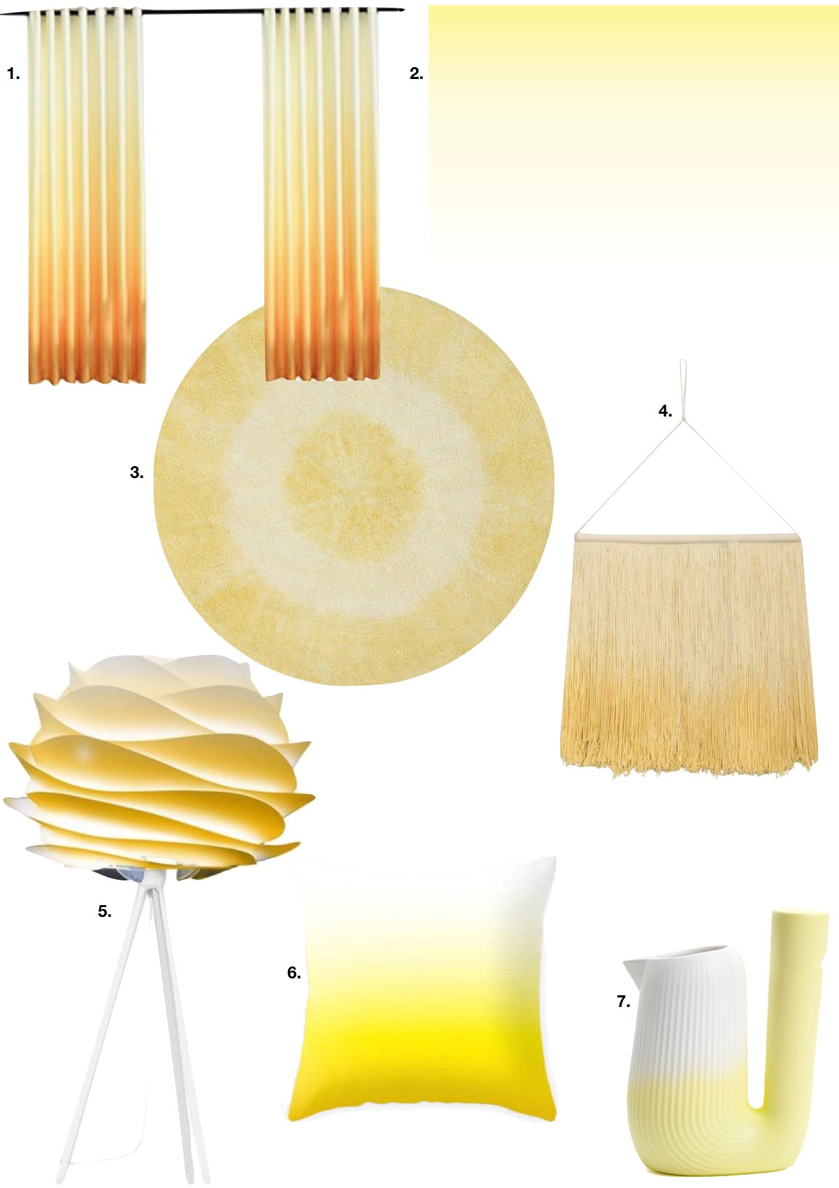 tie and dye lampe design coussin rideau tapis jaune - blog déco - clem around the corner