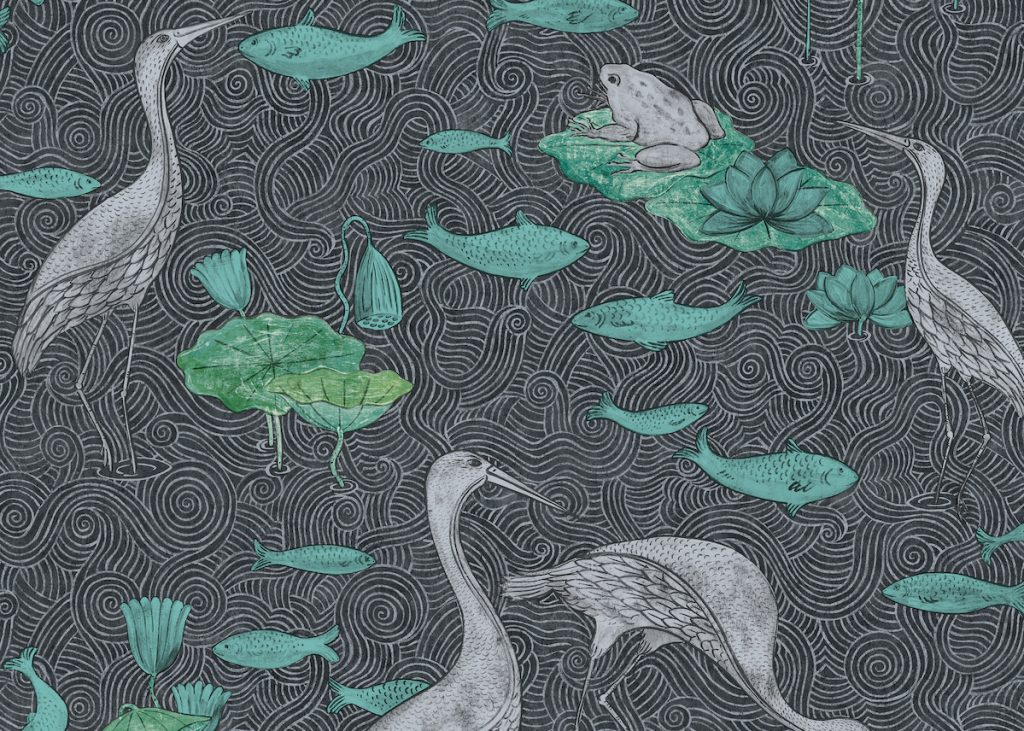 shauna dennison papier peint poétique héron poisson - blog déco - clem around the corner