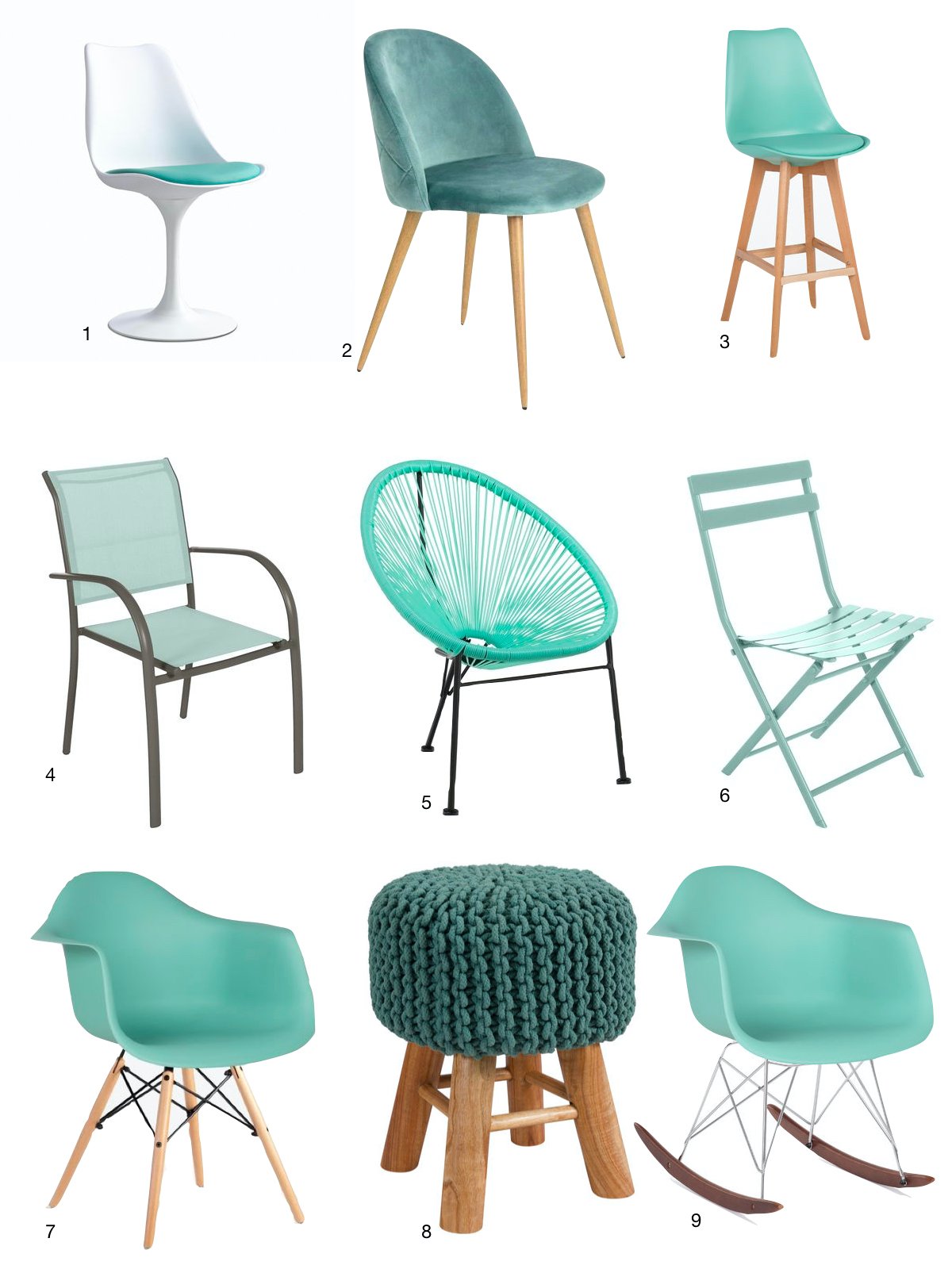 chaise vert turquoise jardin salle à manger bureau pouf tressé haute