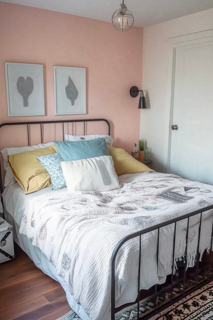 déco chambre ado cocooning mur rose lit métal