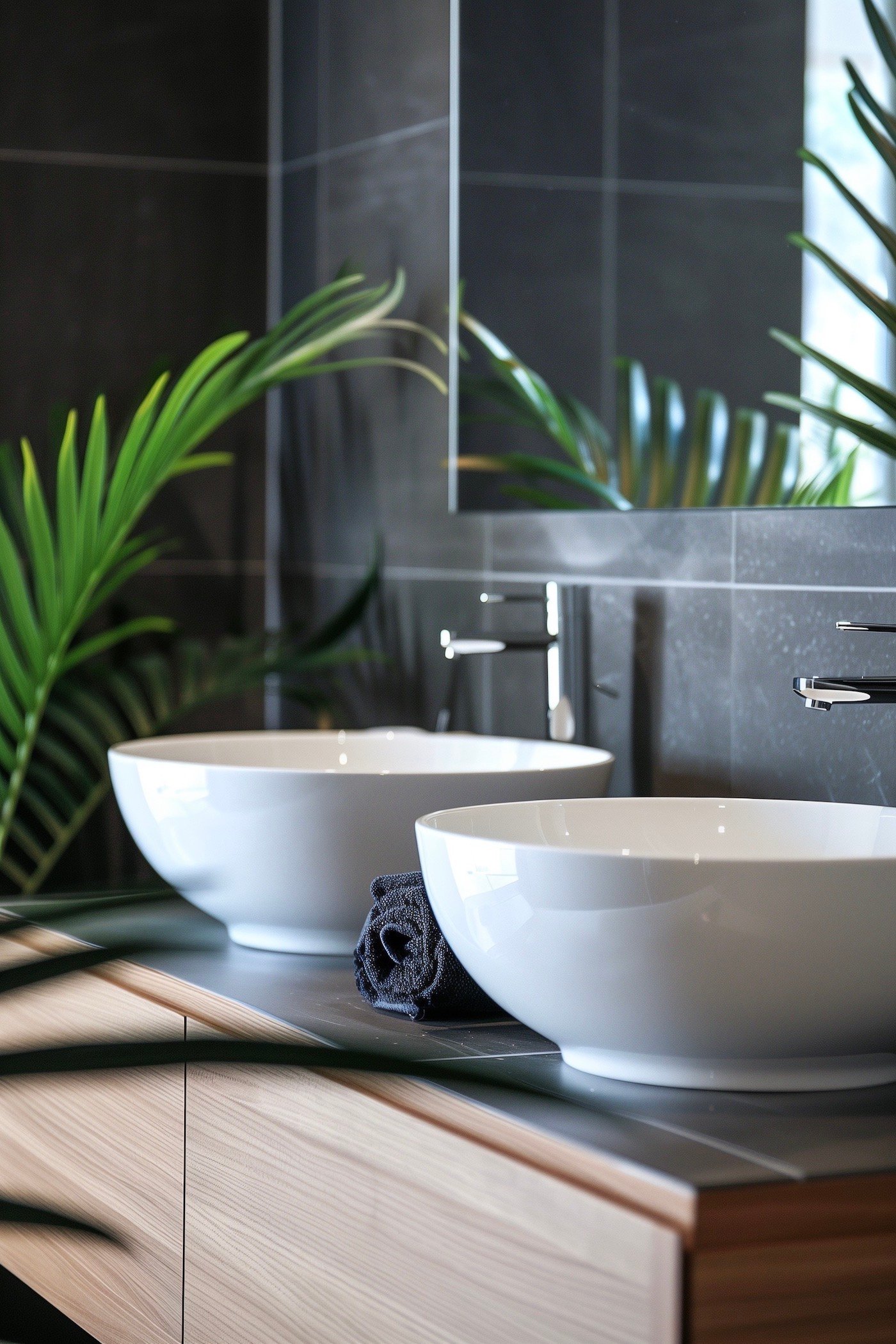 double vasque blanche meuble bois carrelage gris anthracite