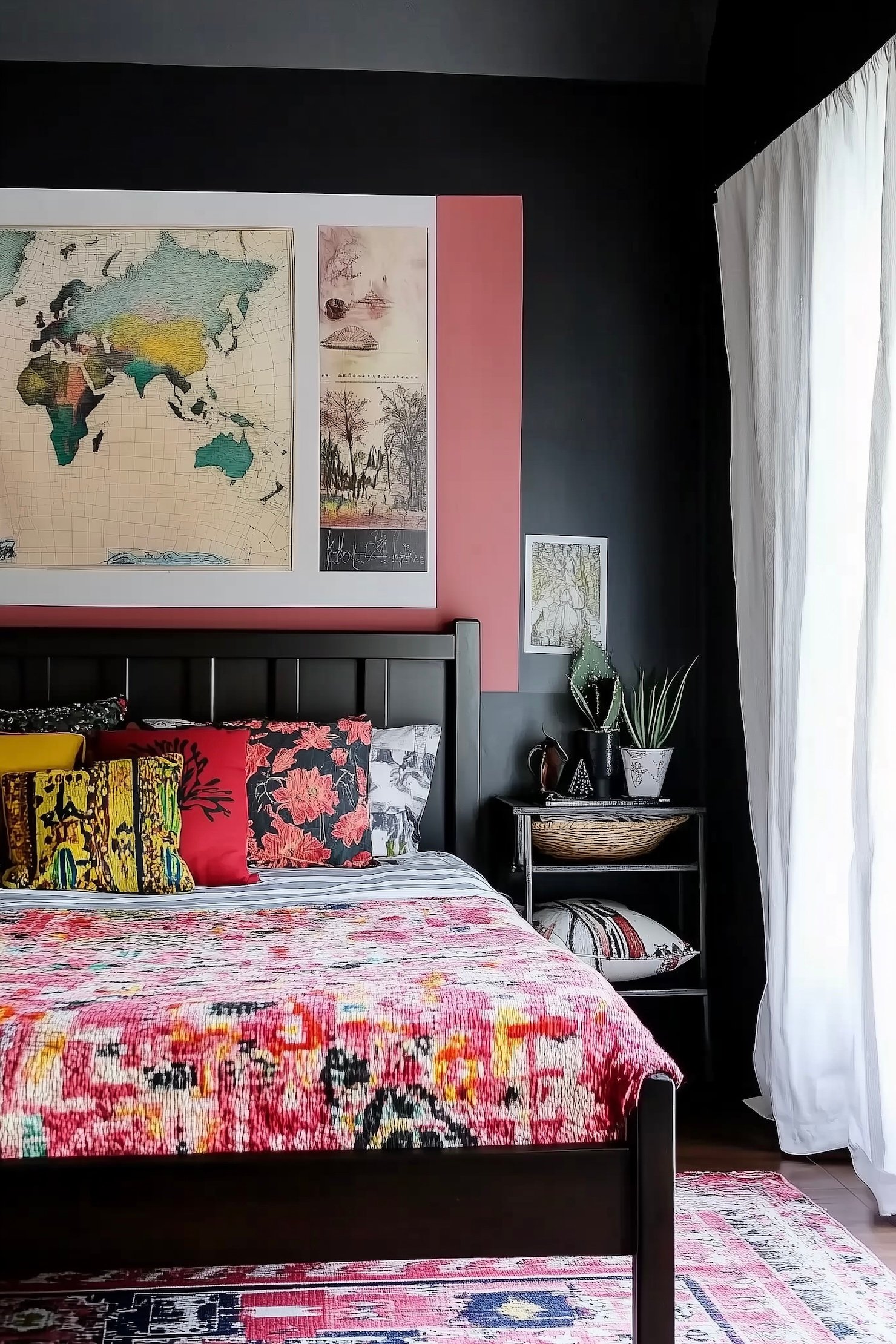 mur noir lit bois peint plaid rose