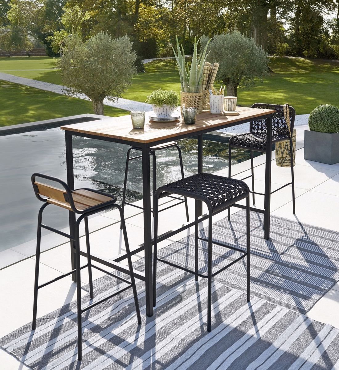 table haute de jardin en bois métal noir diner été - blog déco