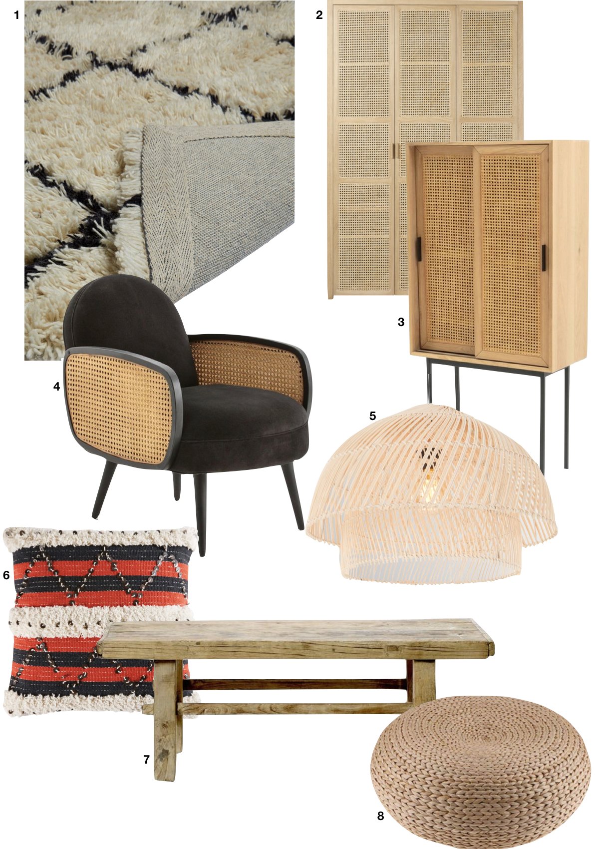 table bois coussin rouge style ethnique suspension rotin bohème déco clemaroundthecorner