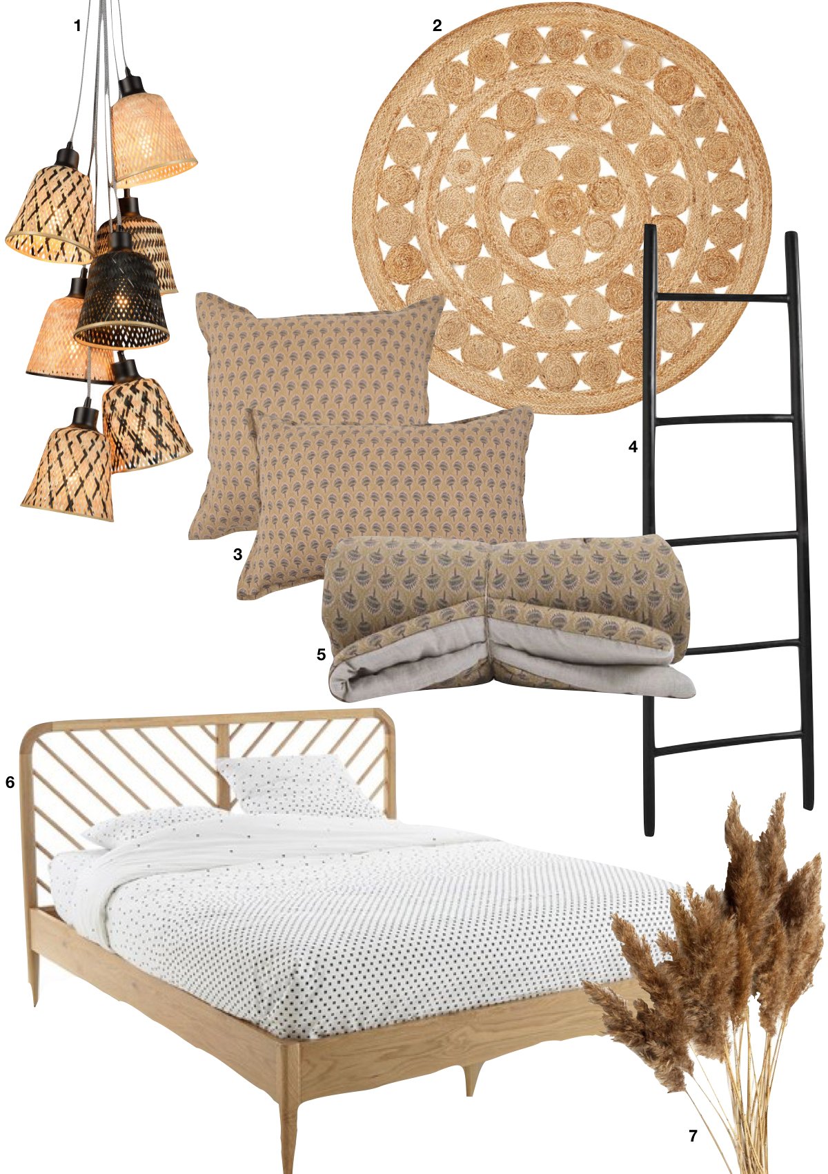 blog déco chambre rustique scandicraft lit rotin feuilles de pampa suspension osier