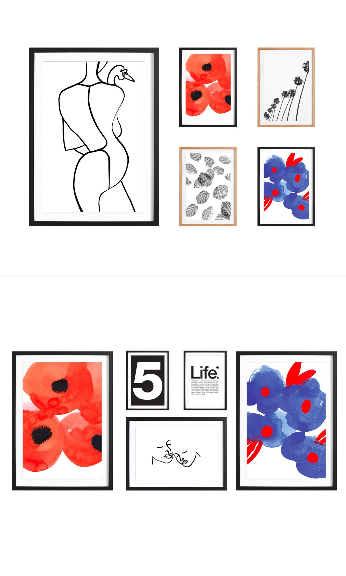 mur de cadres rectangle carré alignement sobre bleu noir rouge - blog déco - clem around the corner