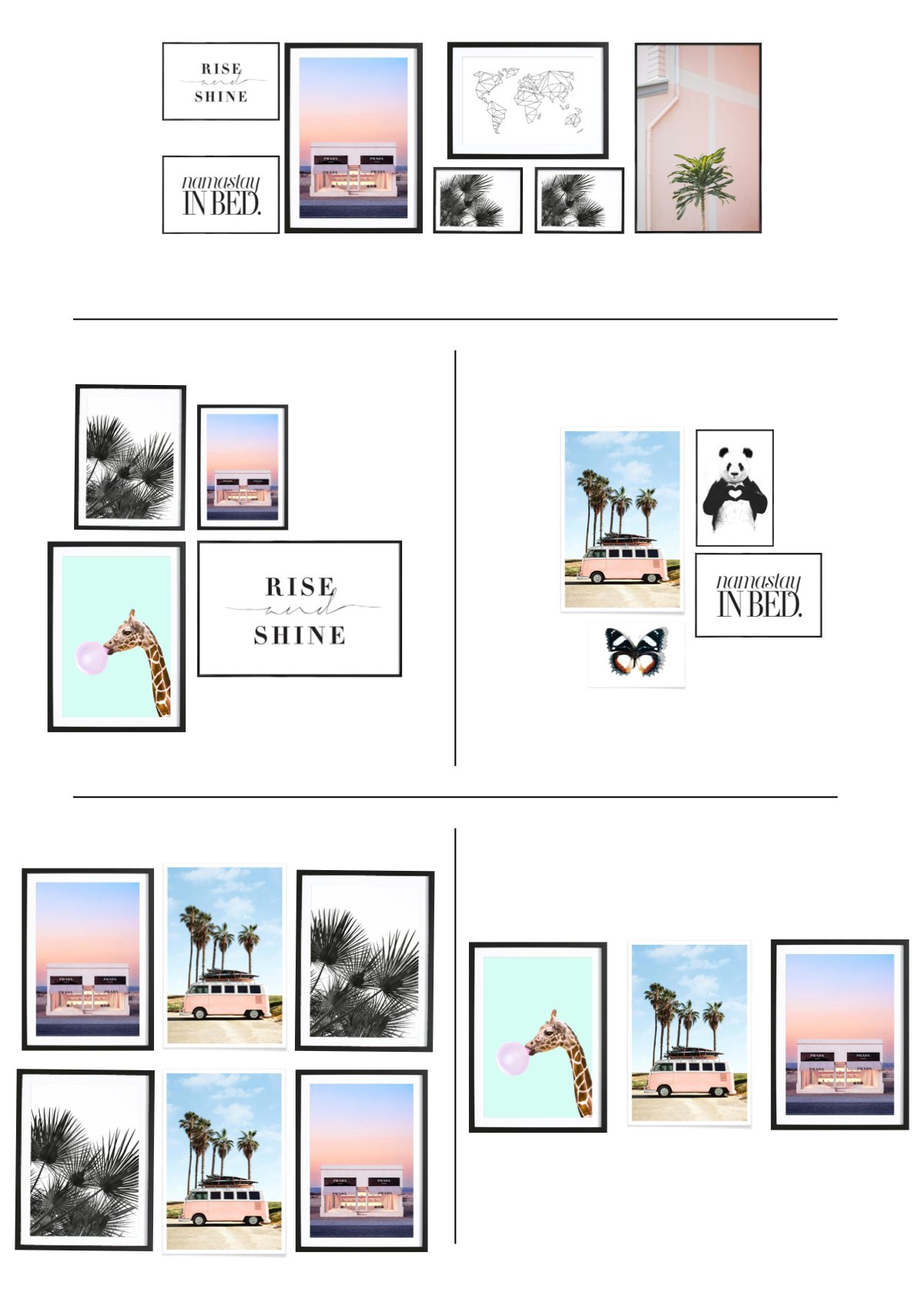 mur de cadres chambre schéma disposition colonne ligne au dessus lit meuble - blog déco - clem around the corner