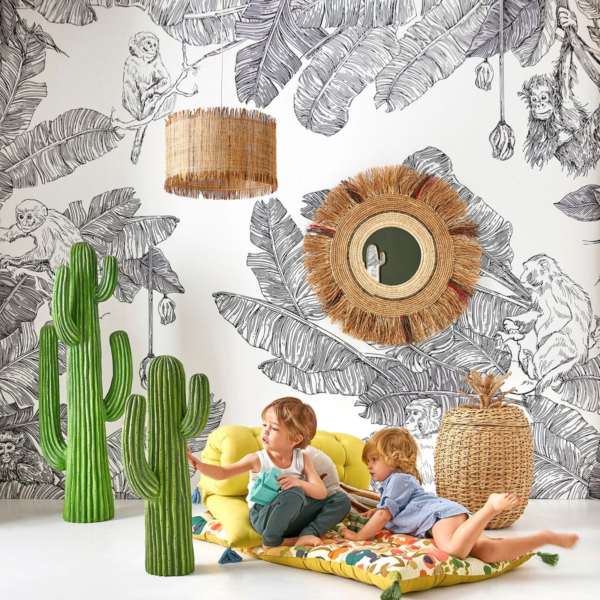 panier de rangement chambre espace enfant style nature cactus tapis de sol à pompon jaune - blog déco - clem around the corner