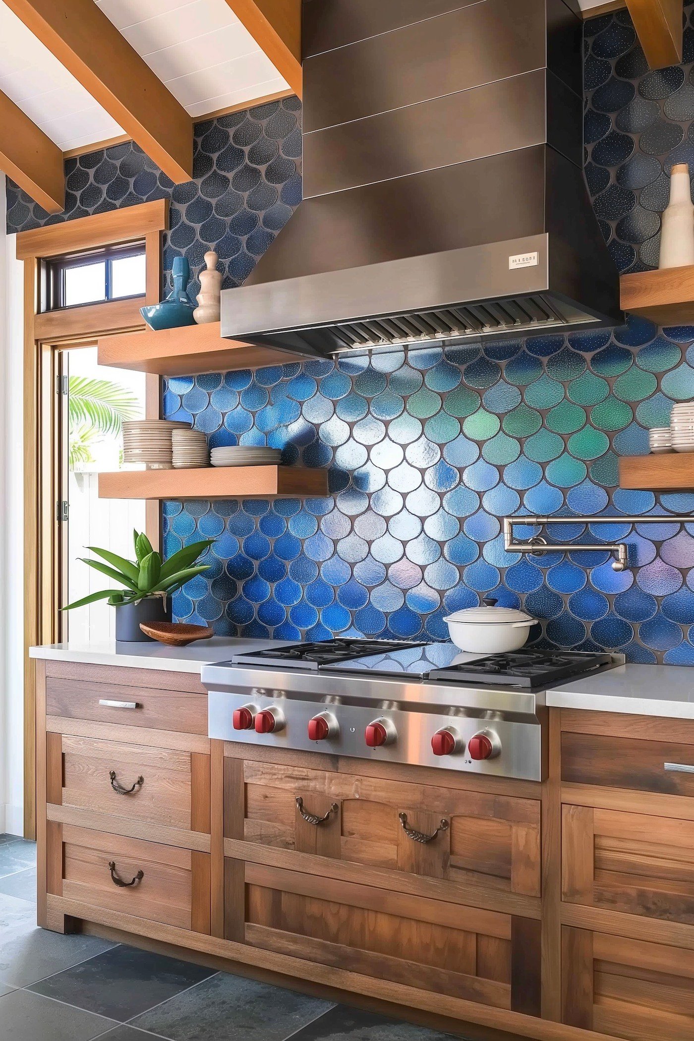 carrelage écaille de poisson reflet cuisine bois