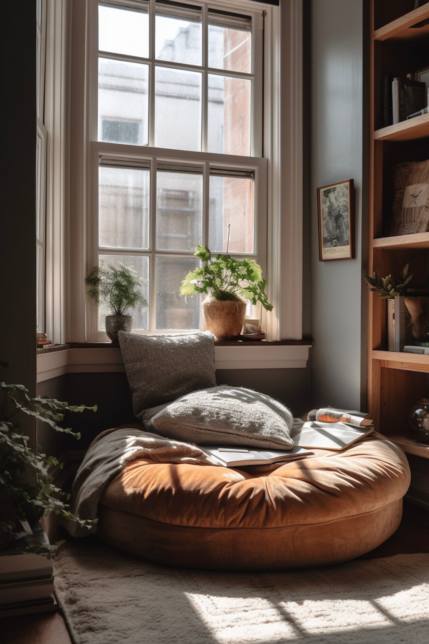 coussin de sol velours orange espace cosy fenêtre