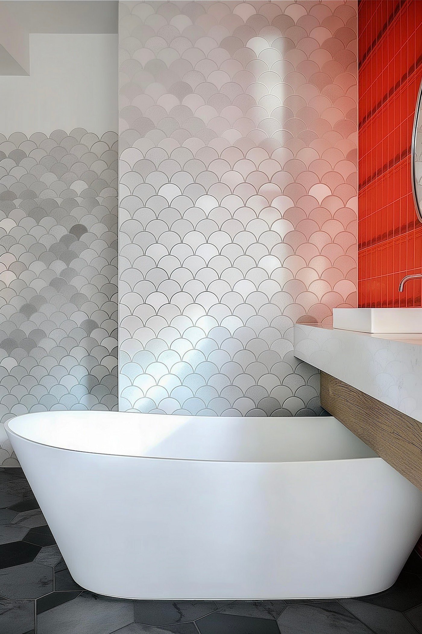 mélange crédence faience murale salle de bains rouge grise