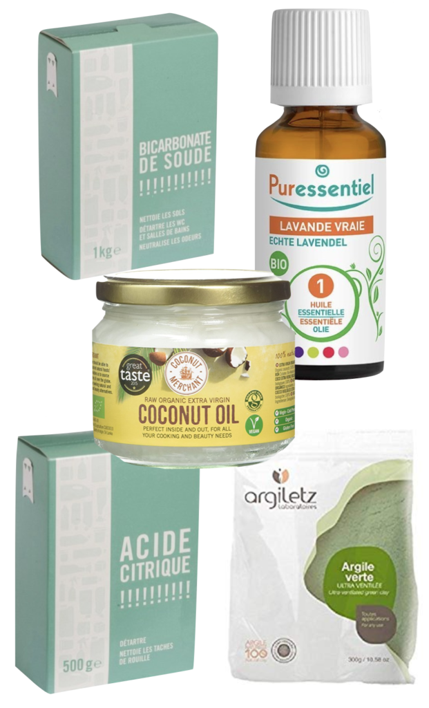 shopping liste bicarbonate de soude huile végétale acide citrique argile verte huile essentielle bombe de bain