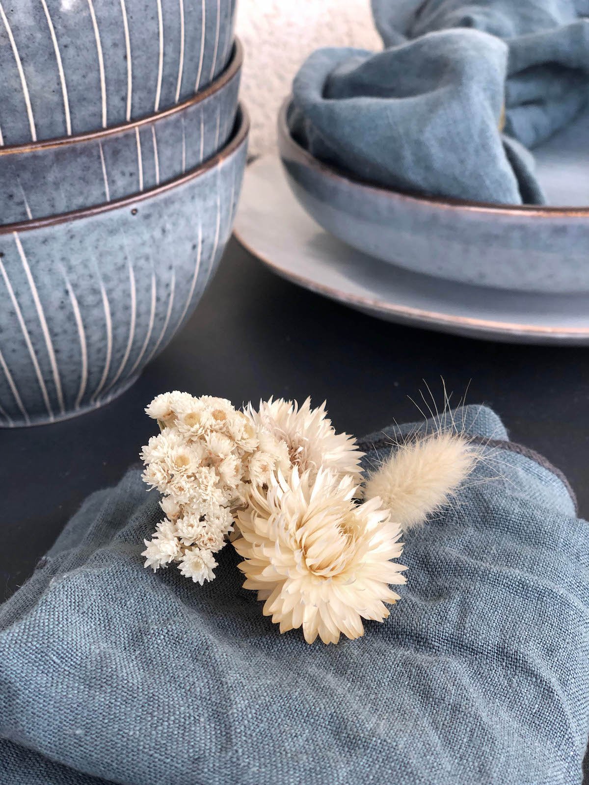 serviette lin bol rustique bleu déco table moderne nordique