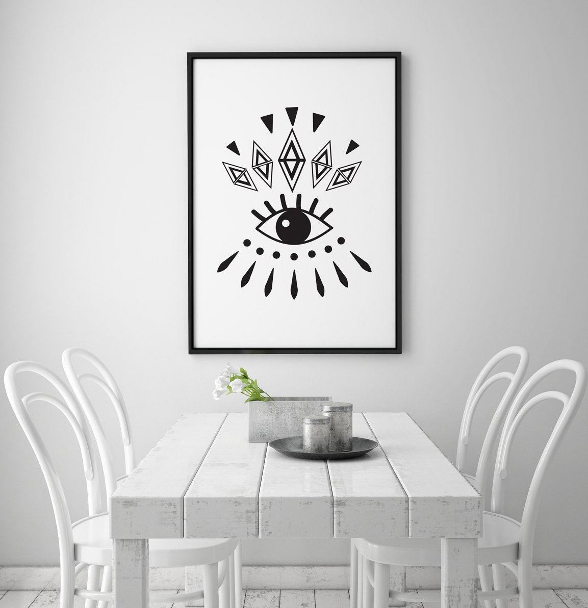 déco oeil tableau noir salon blanc style scandi table bois blanche