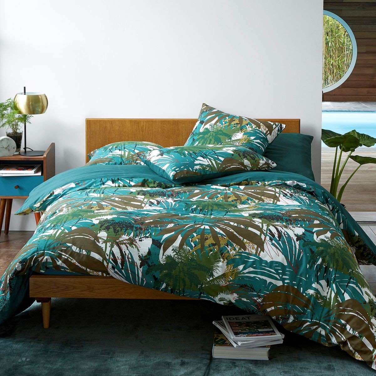 couette verte tropicale esprit urban jungle chic tête de lit bois blog déco été