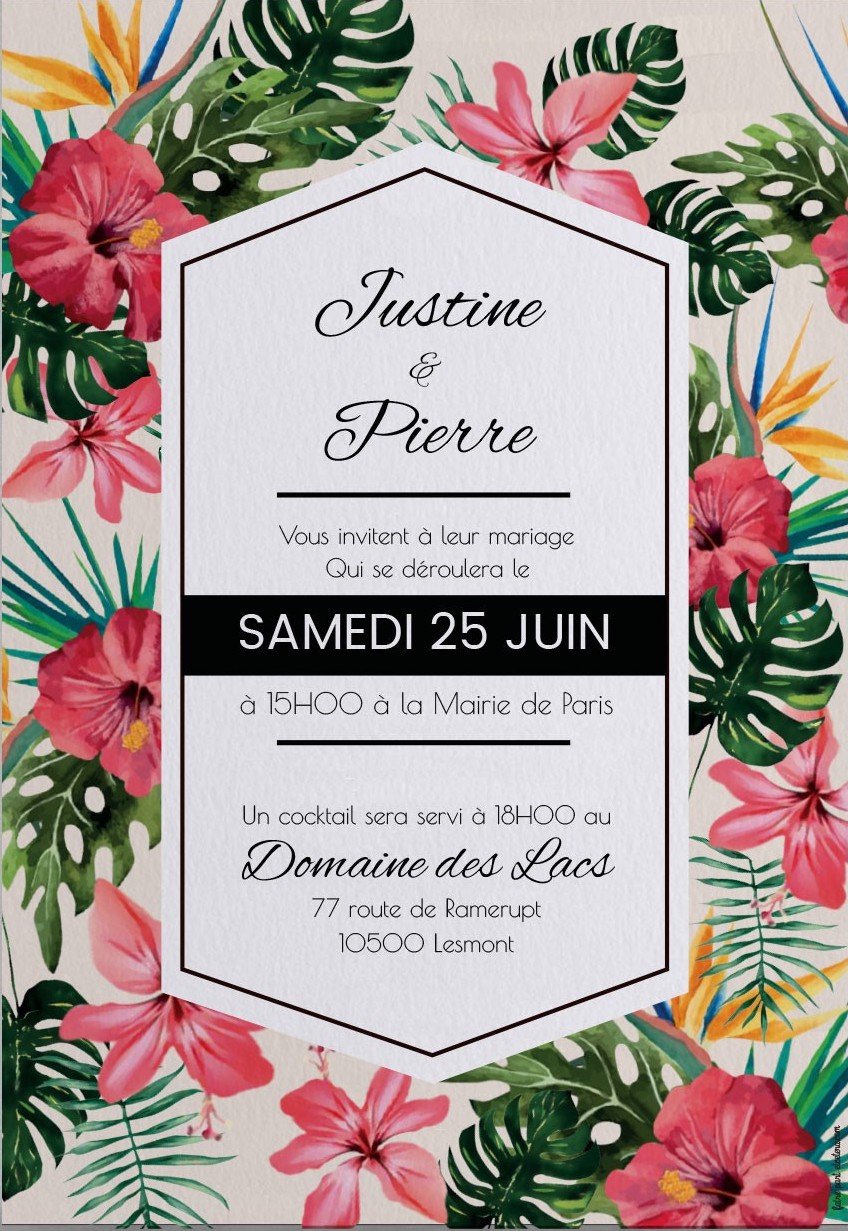 faire part mariage exotique plage fleurs tropicales roses