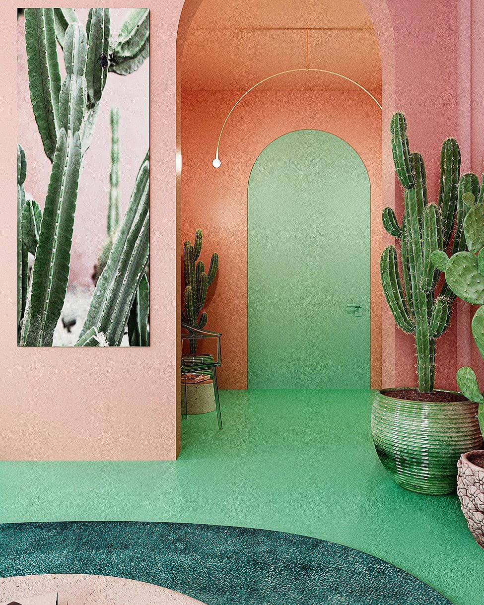 déco verte et rose entrée salon cactus tableau plante succulente tapis - blog déco - clem around the corner