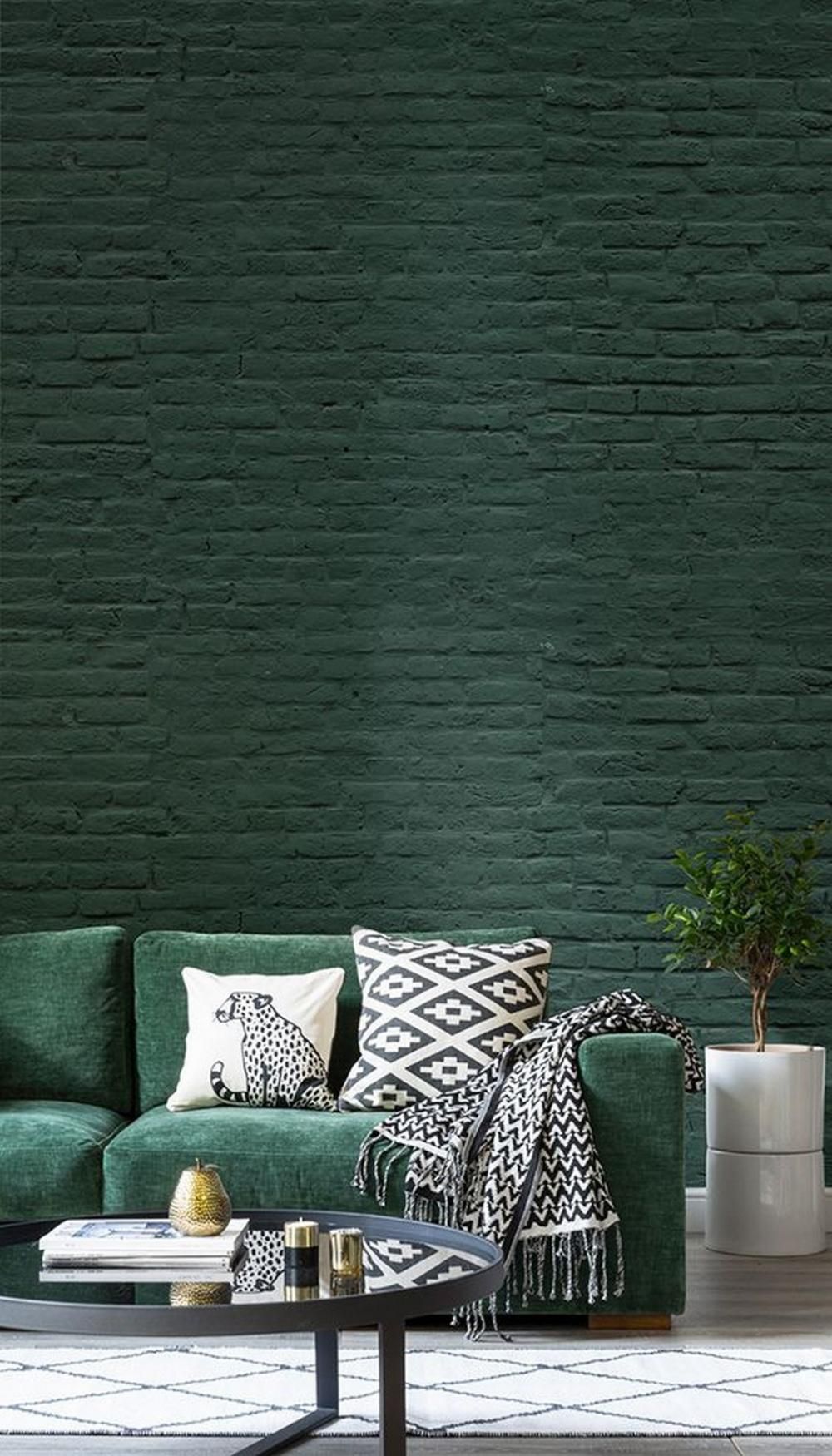 blog déco mur brique vert canapé salon industriel chic élégant