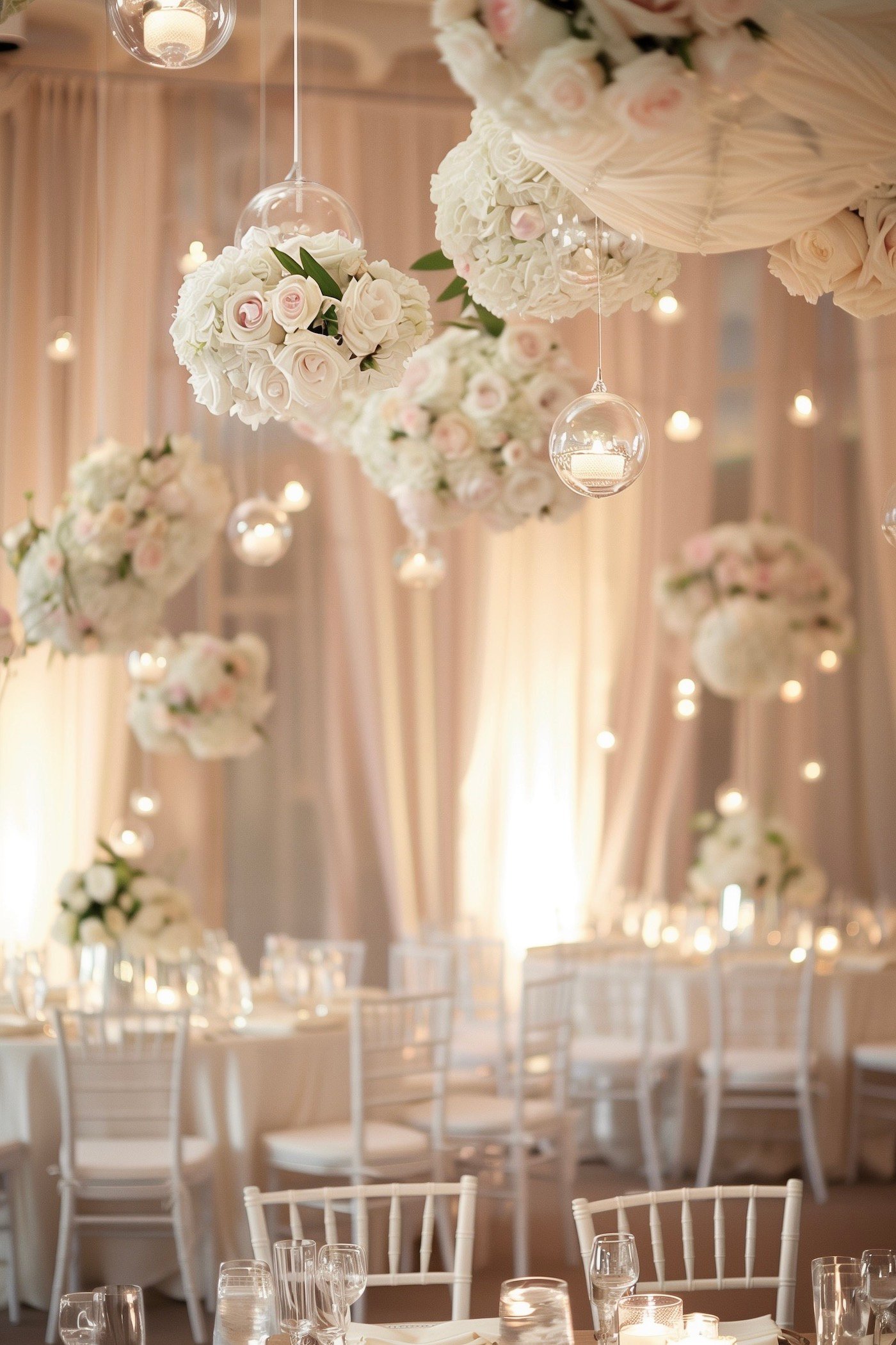 mariage fête déco roses blanches boules suspendues
