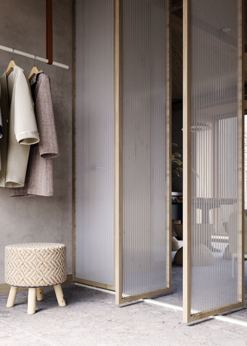 hall d entrée maison dressing cloisons en PVC transparentes pivotantes déco décoration intérieure