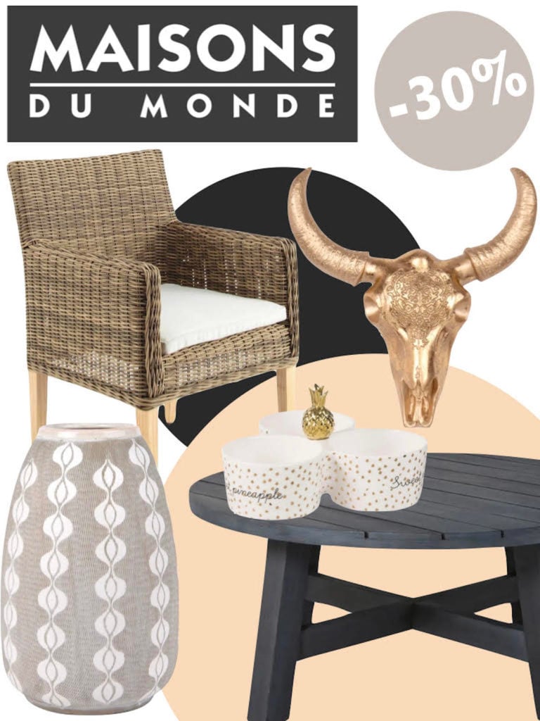 soldes maisons du monde chaise rotin table basse ronde bois noir vase statue clematc