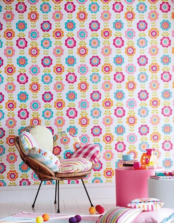 chambre enfant papier peint des années 70 multicolore pop dessin fleur