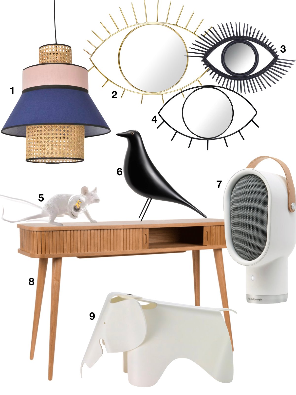 shopping liste suspension rotin miroir oeil console harto eames oiseau éléphant enceinte habitat - blog clematc