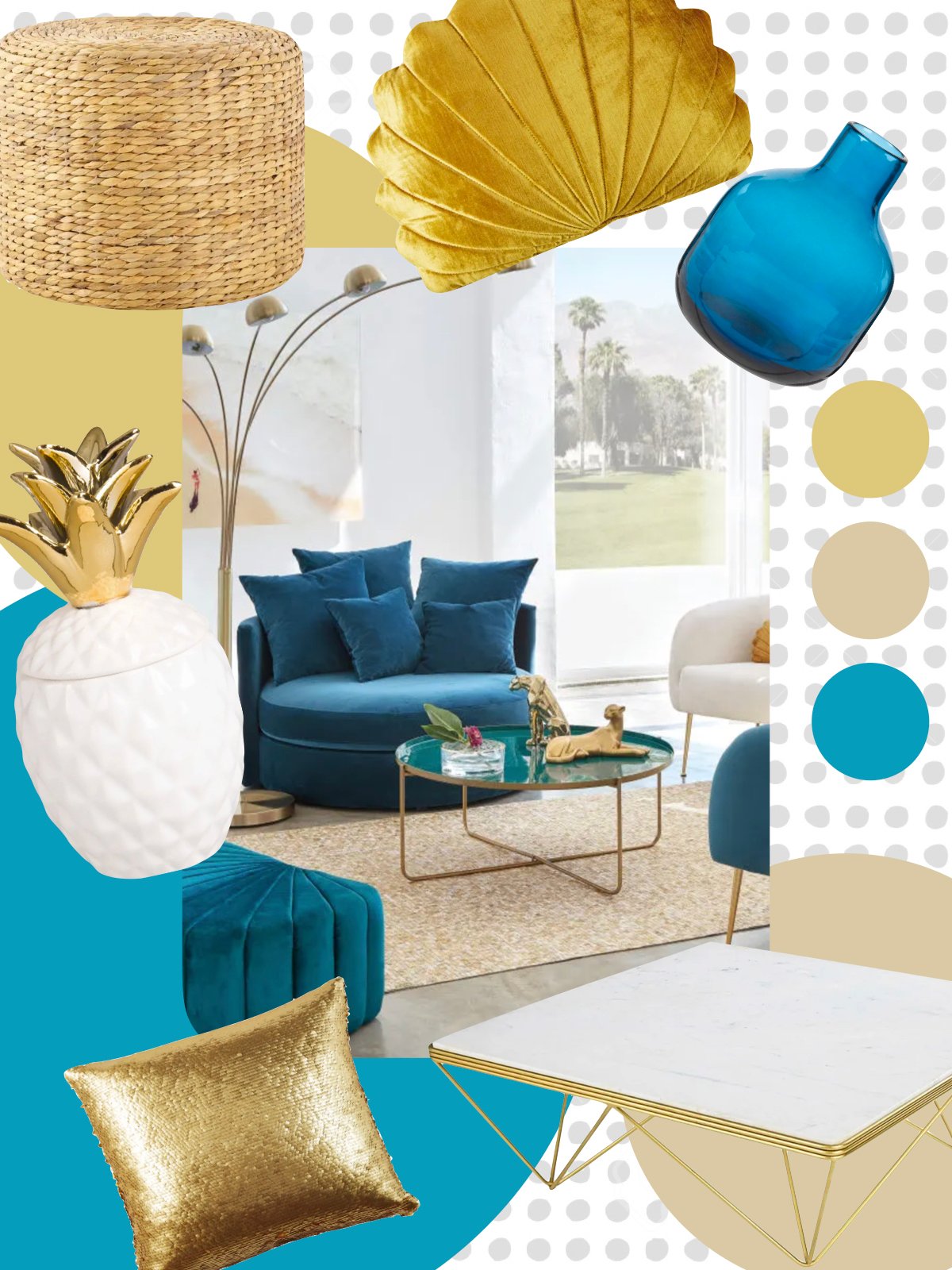 maisons du monde vase bleu coussin coquillage or salon canapé rond pouf jonc de mer - blog déco - clematc