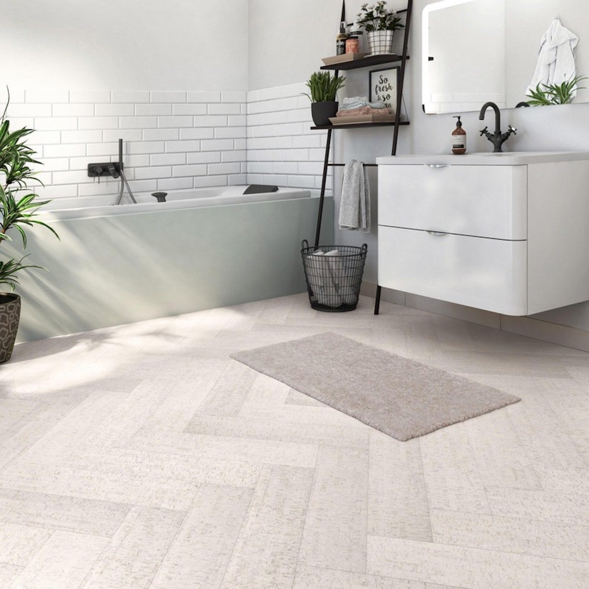 Revêtement de sol massif liège sagres white vitrifie M baton rompu salle de bain déco - clematc