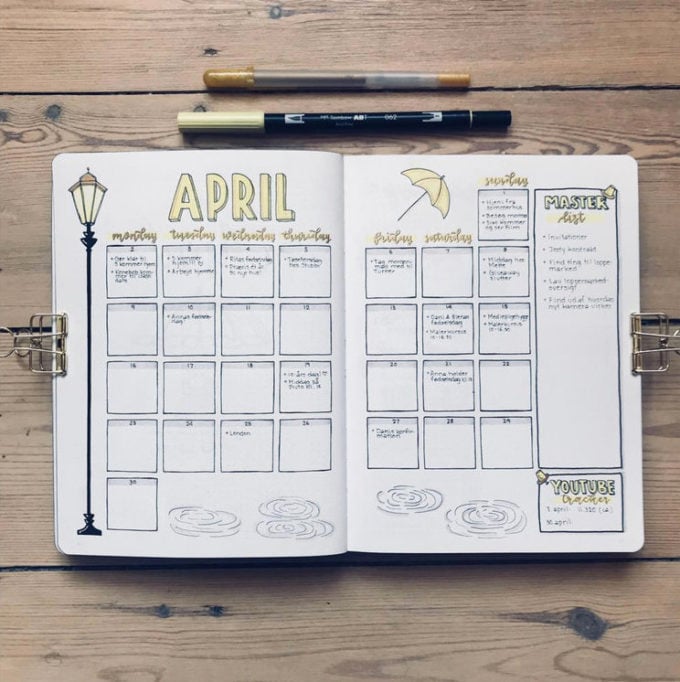 bujo avril mois calendrier planner idée dessins doodles création diy tuto
