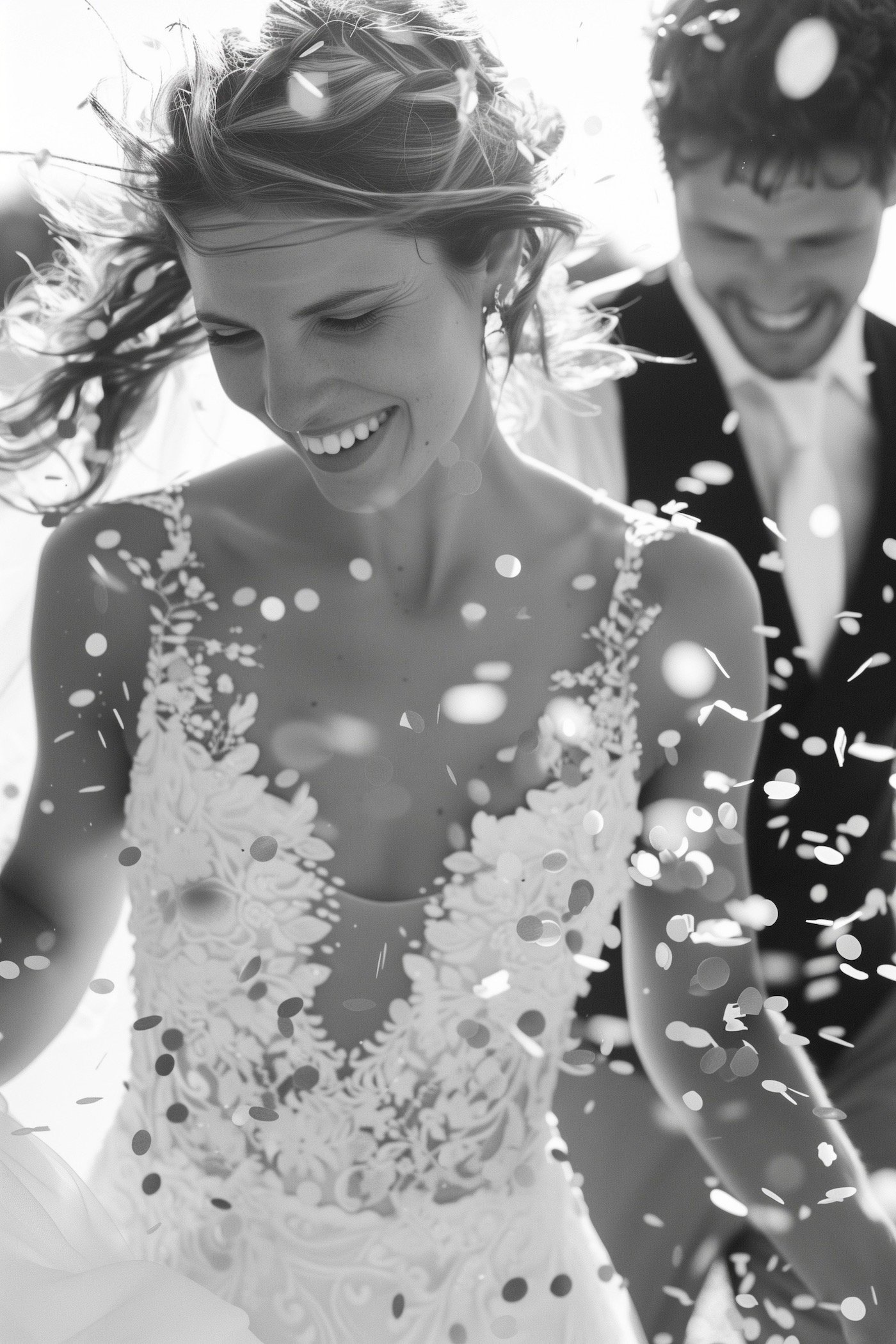 photo mariée couple confettis canon diy noir blanc