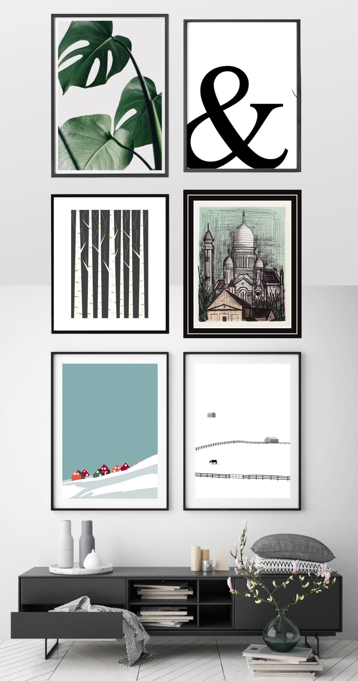 mur de cadres arty etsy tendance lithographie bernard buffet salon gris noir blanc