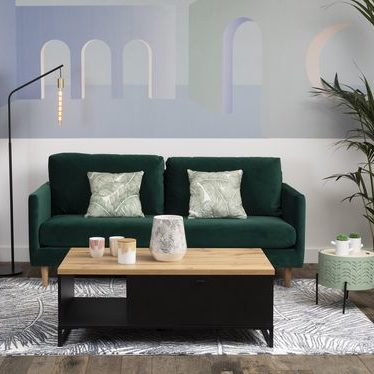canapé vert sapin intérieur tendance bois table basse rangement décoration - clem around the corner
