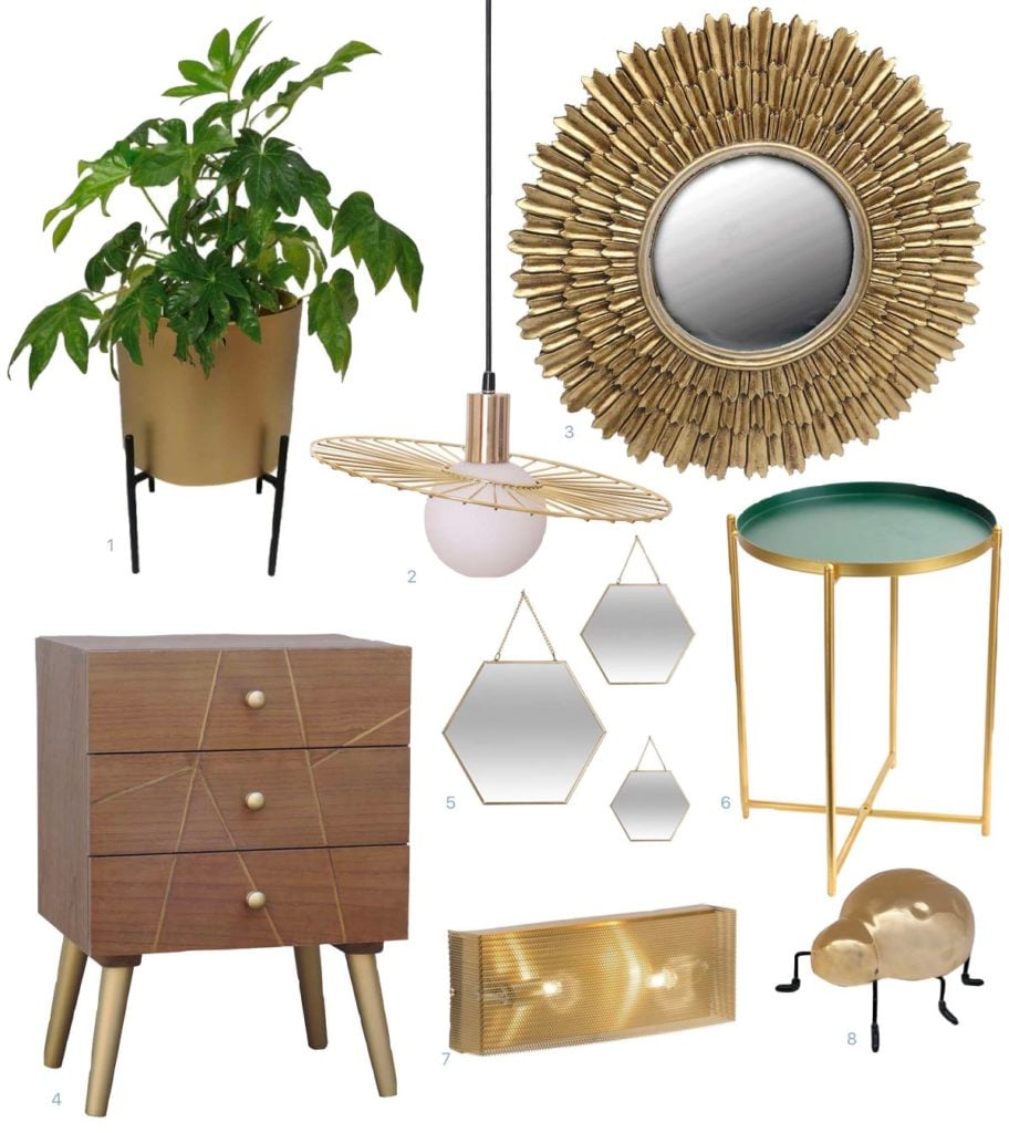 déco laiton doré pas cher statuette table pot sur pieds suspension vertigo miroir hexagone