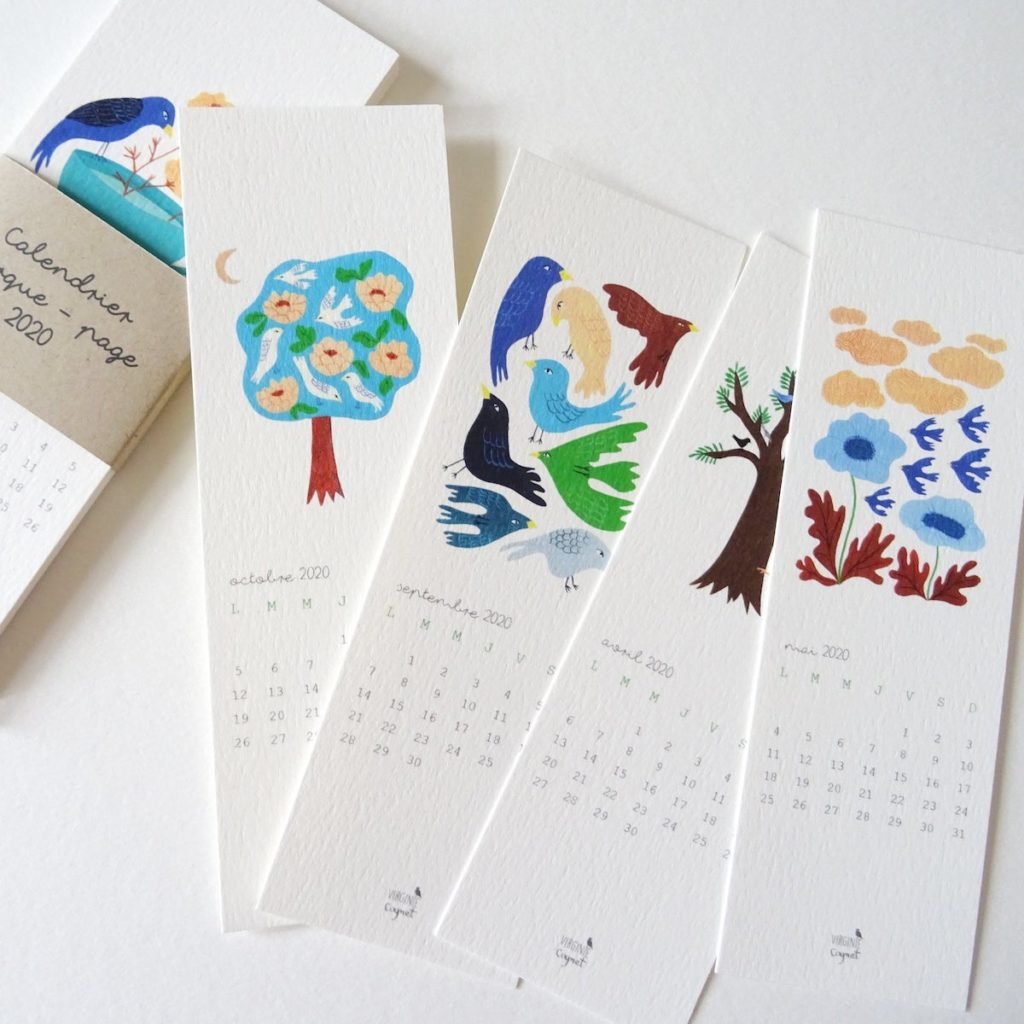 calendrier original 2020 marque page papier carton blanc crème dessin nature animaux