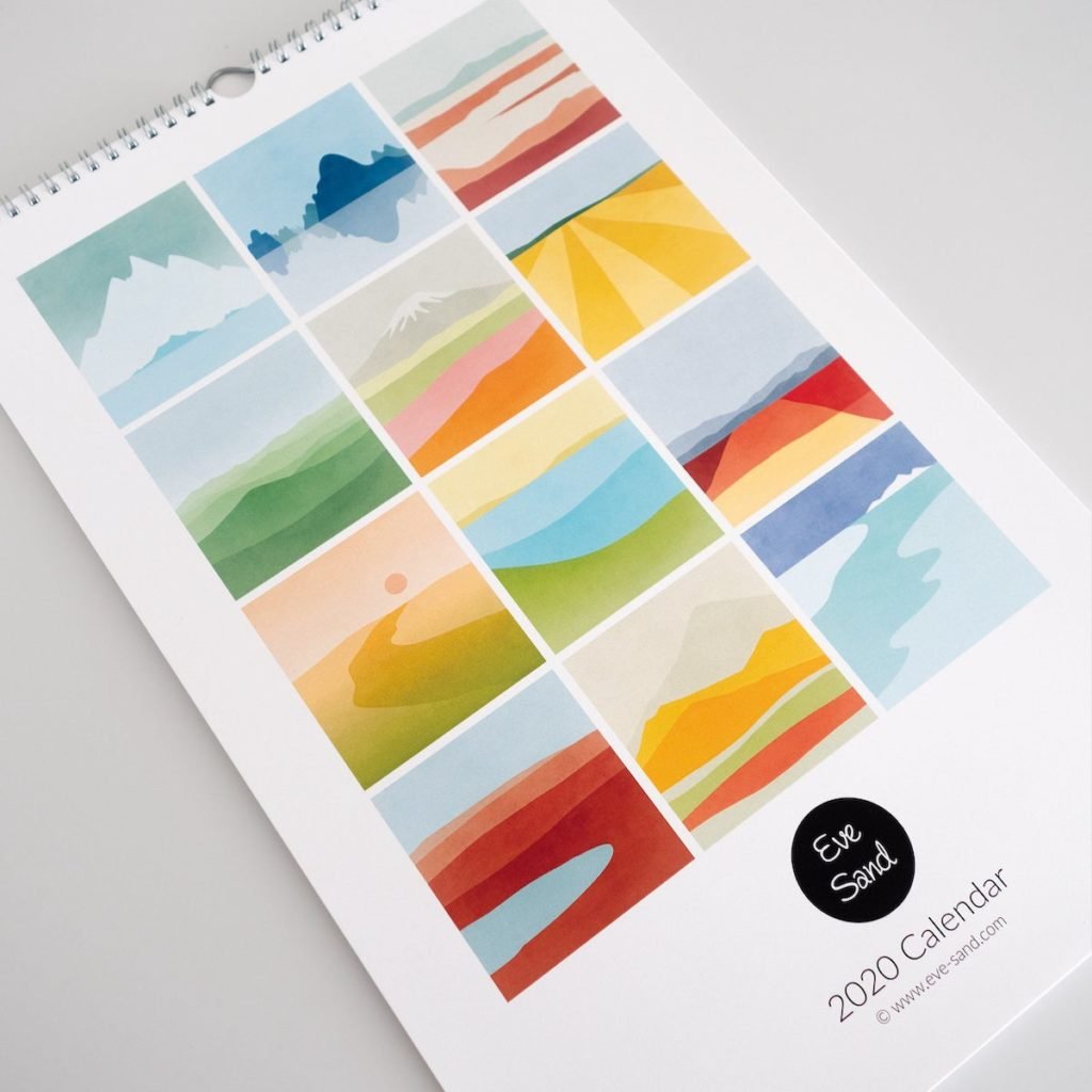 calendrier illustration abstraite montagne colline nuance pastel rouge orange vert bleu