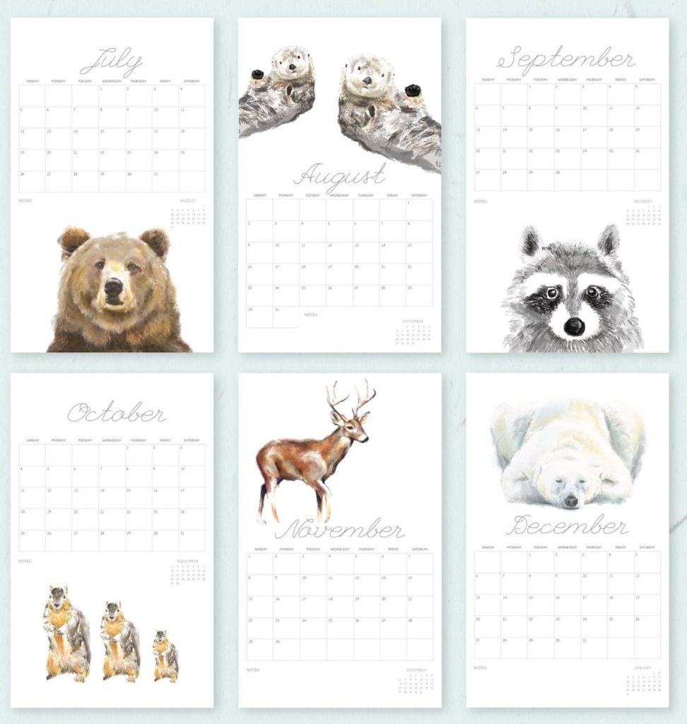 calendrier blanc épuré animaux peinture